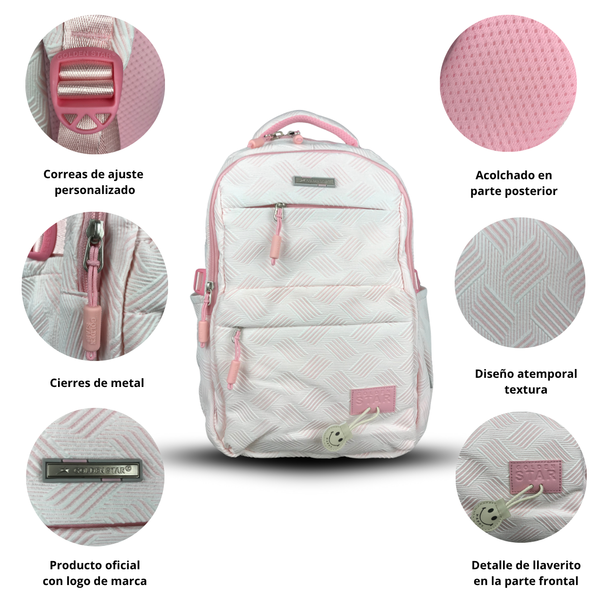 Foto 2 | Mochila Golden Star Escolar Rayas Y Llavero Df-4502 Rosa