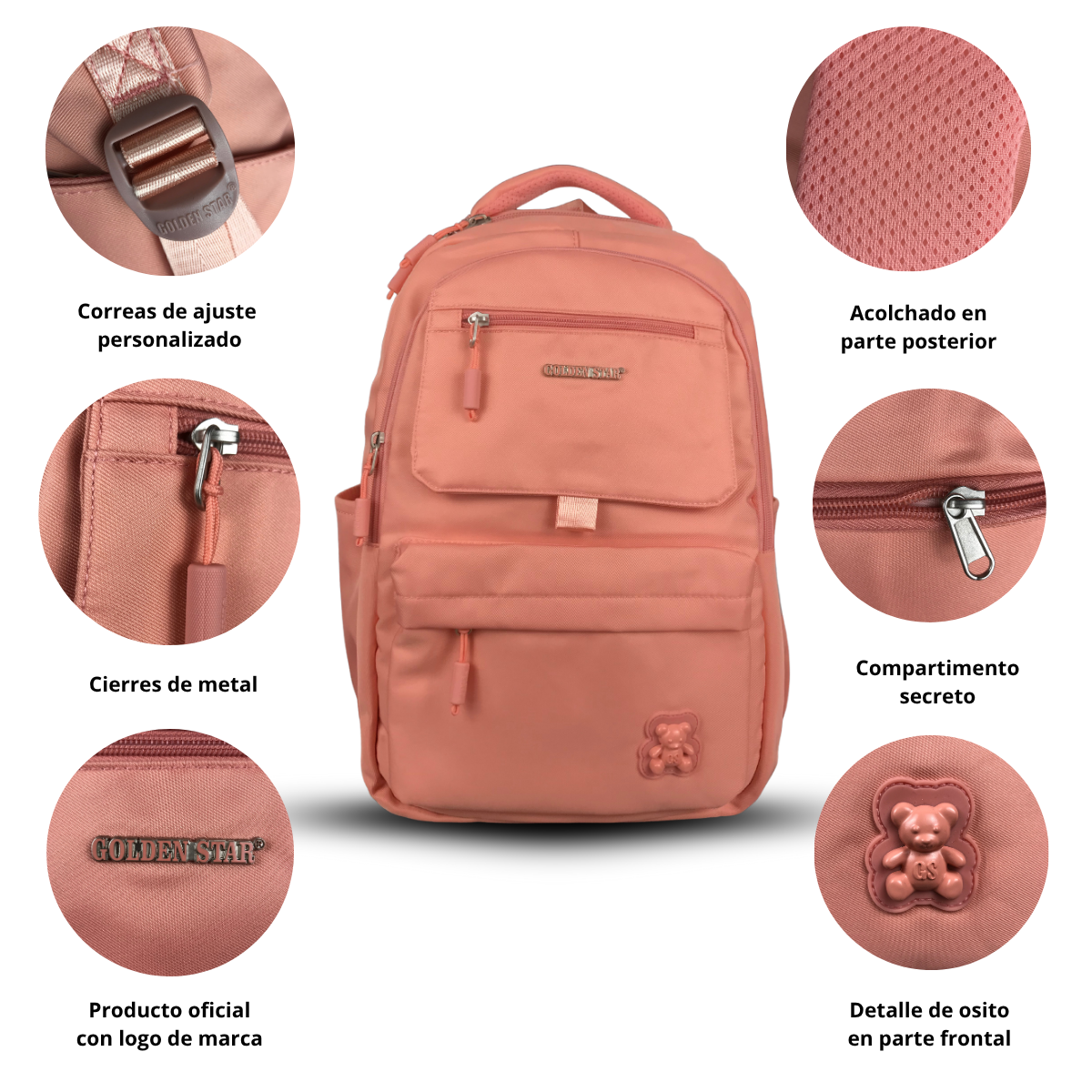Foto 2 | Mochila Golden Star Escolar Osito Juvenil Df-9009 Coral