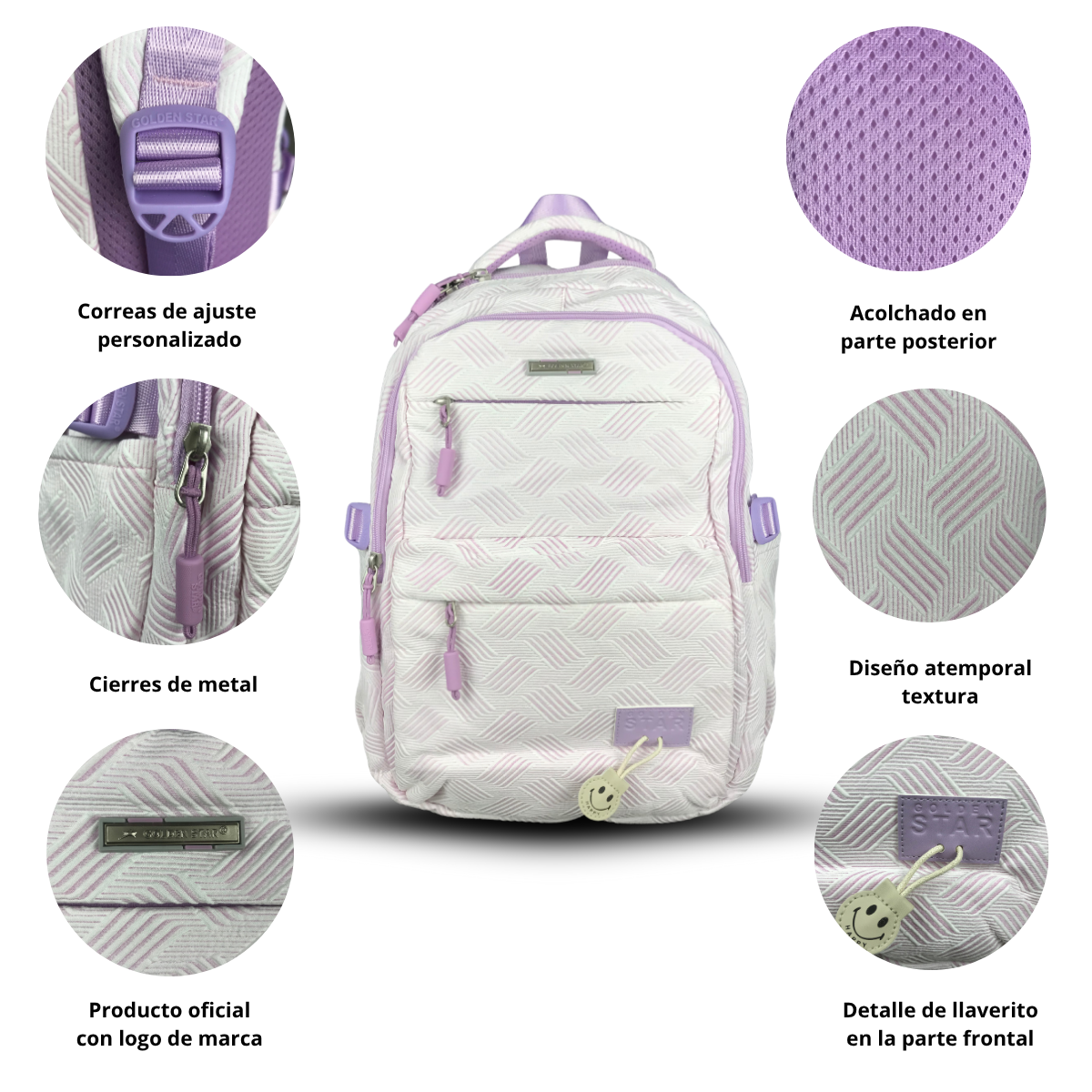 Foto 3 pulgar | Mochila Golden Star Escolar Rayas Y Llavero Df-4502 Morado