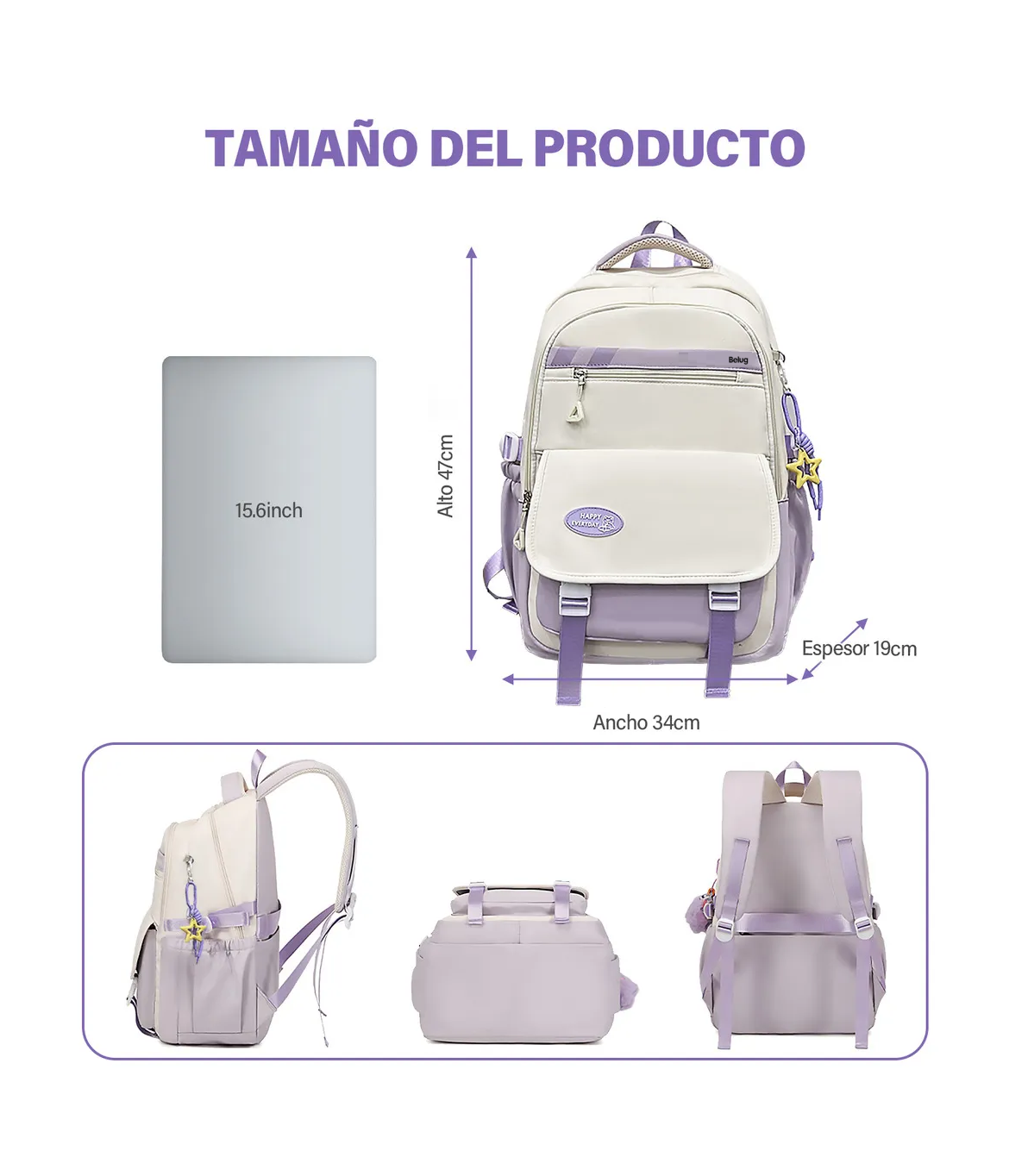 Foto 5 pulgar | Mochila De Gran Capacidad Diseño Blanco/violeta