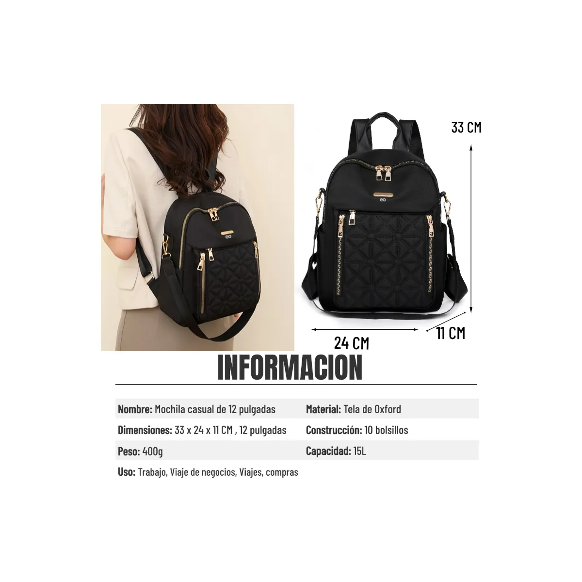 Foto 3 pulgar | Mochila Mujer Con Cremallera Eo Safe Imports Esi-20425 Negro