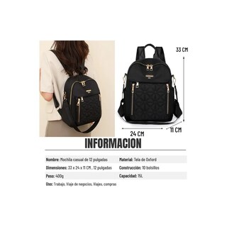 Foto 2 | Mochila Mujer Con Cremallera Eo Safe Imports Esi-20425 Negro