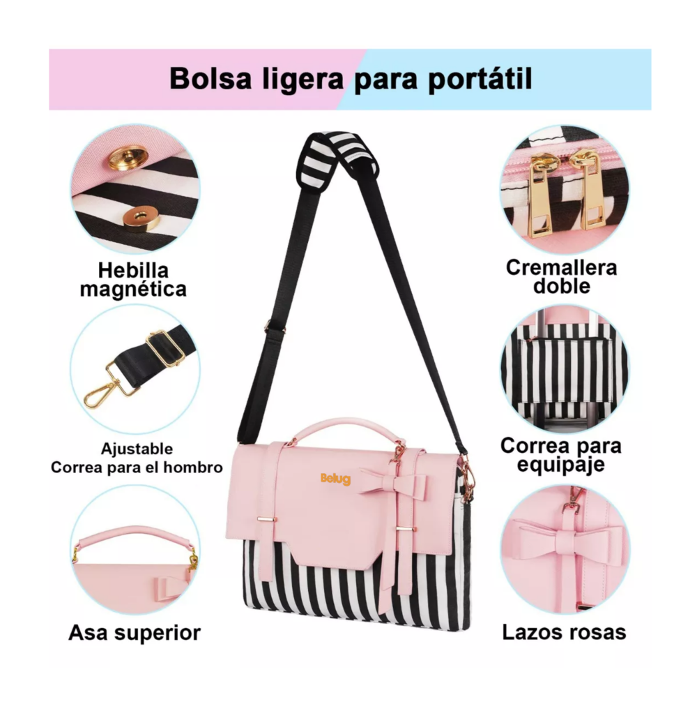 Foto 3 pulgar | Maletín Crossbody Para Laptop 15.6 In Bolsa Tote Para Mujer Rosa Rallas Blanco Con Negro Belug