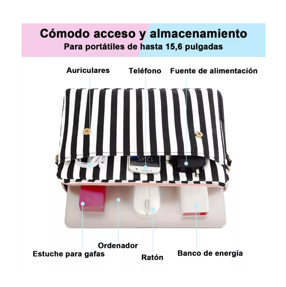 Foto 4 pulgar | Maletín Crossbody Para Laptop 15.6 In Bolsa Tote Para Mujer Rosa Rallas Blanco Con Negro Belug