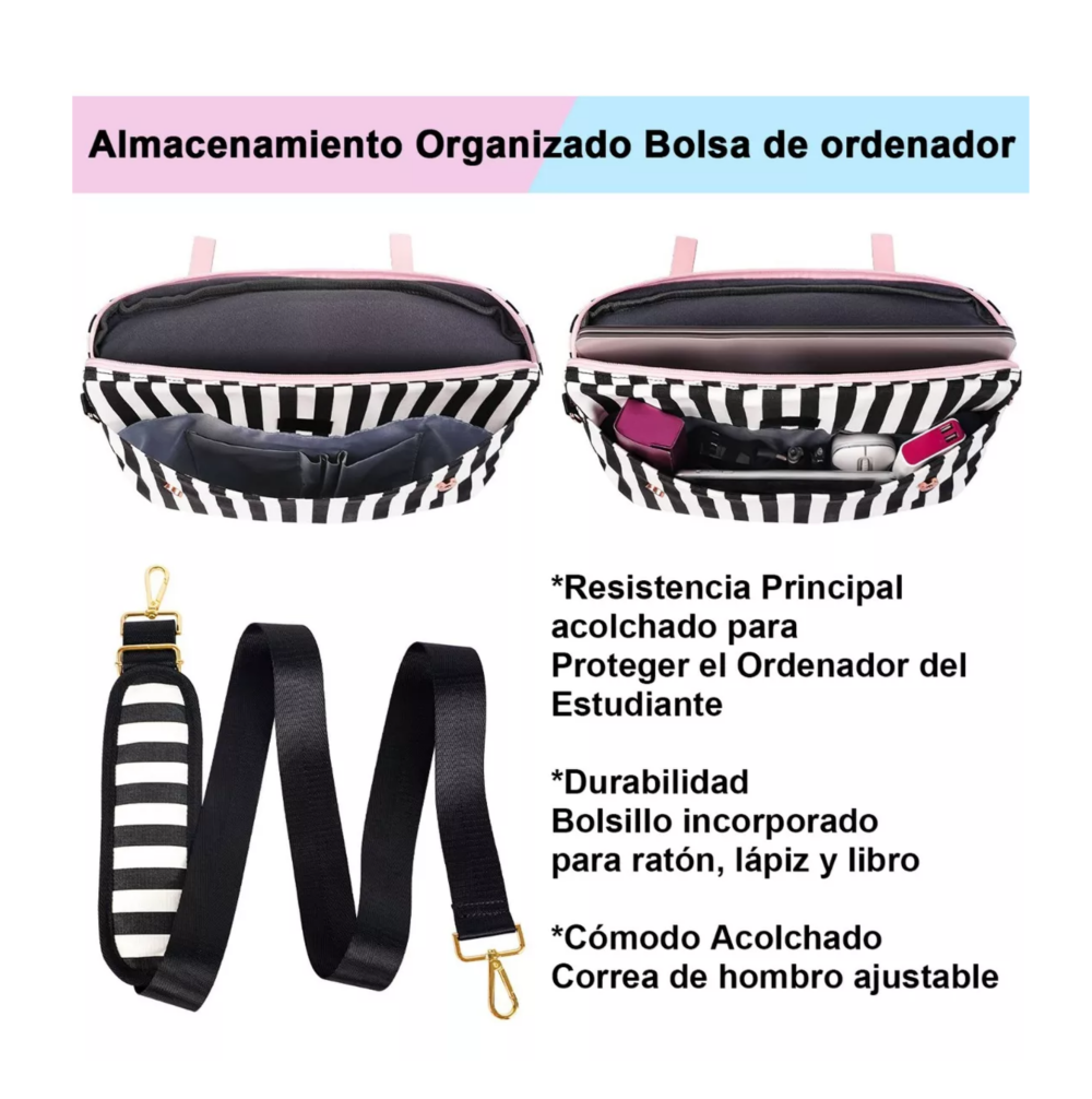 Foto 5 pulgar | Maletín Crossbody Para Laptop 15.6 In Bolsa Tote Para Mujer Rosa Rallas Blanco Con Negro Belug