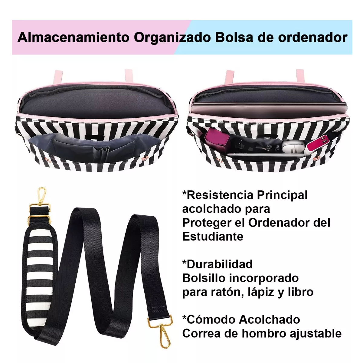 Foto 5 pulgar | Maletín Crossbody Lab.g Para Laptop 15.6 In Bolsa Tote Para Mujer Rosa Rallas Blanco Con Negro
