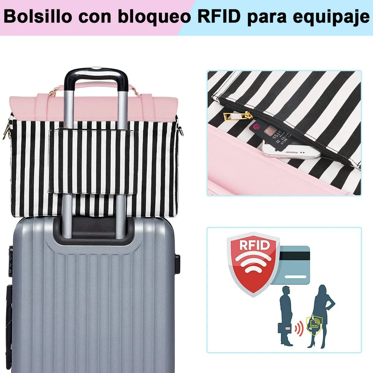 Foto 6 pulgar | Maletín Crossbody Lab.g Para Laptop 15.6 In Bolsa Tote Para Mujer Rosa Rallas Blanco Con Negro