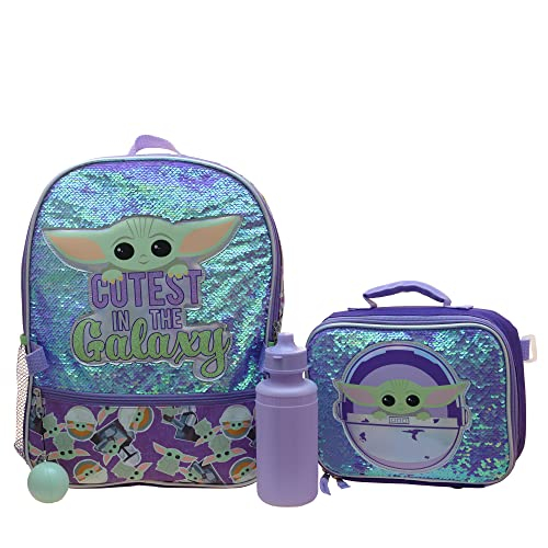 Venta Internacional - Set Mochila Disney Mandalorian Baby Yoda Niñas 4 Piezas, Lentejuelas Reversibles, Bolsillo