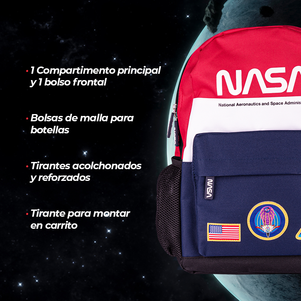 Foto 6 pulgar | Techzone Mochila Escolar Nasa Diseño Tricolor Amplio Compartimento Bolso Frontal Y Bolsas Laterales Tirantes Acojinados