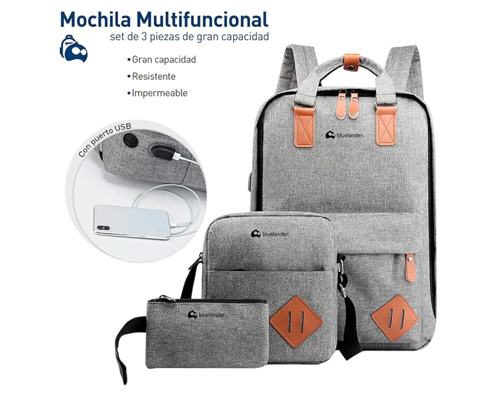 Foto 3 pulgar | Mochila Escolar para Laptop Bluelander 3 en 1 color Gris Carga USB para Power Bank Impermeable + Mochila Cruzada + La