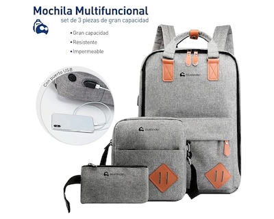 Foto 2 | Mochila Escolar para Laptop Bluelander 3 en 1 color Gris Carga USB para Power Bank Impermeable + Mochila Cruzada + La