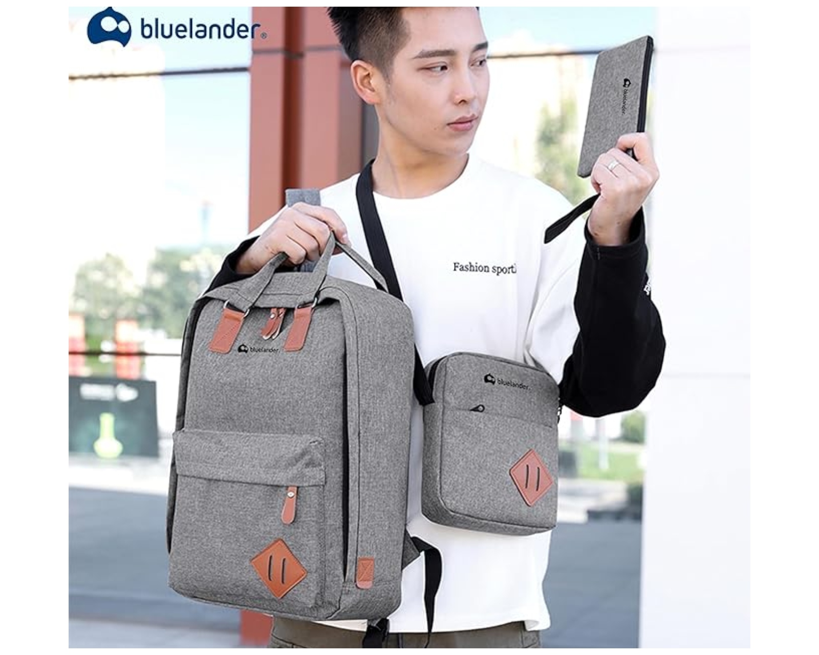 Foto 8 pulgar | Mochila Escolar para Laptop Bluelander 3 en 1 color Gris Carga USB para Power Bank Impermeable + Mochila Cruzada + La