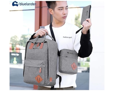 Foto 7 | Mochila Escolar para Laptop Bluelander 3 en 1 color Gris Carga USB para Power Bank Impermeable + Mochila Cruzada + La
