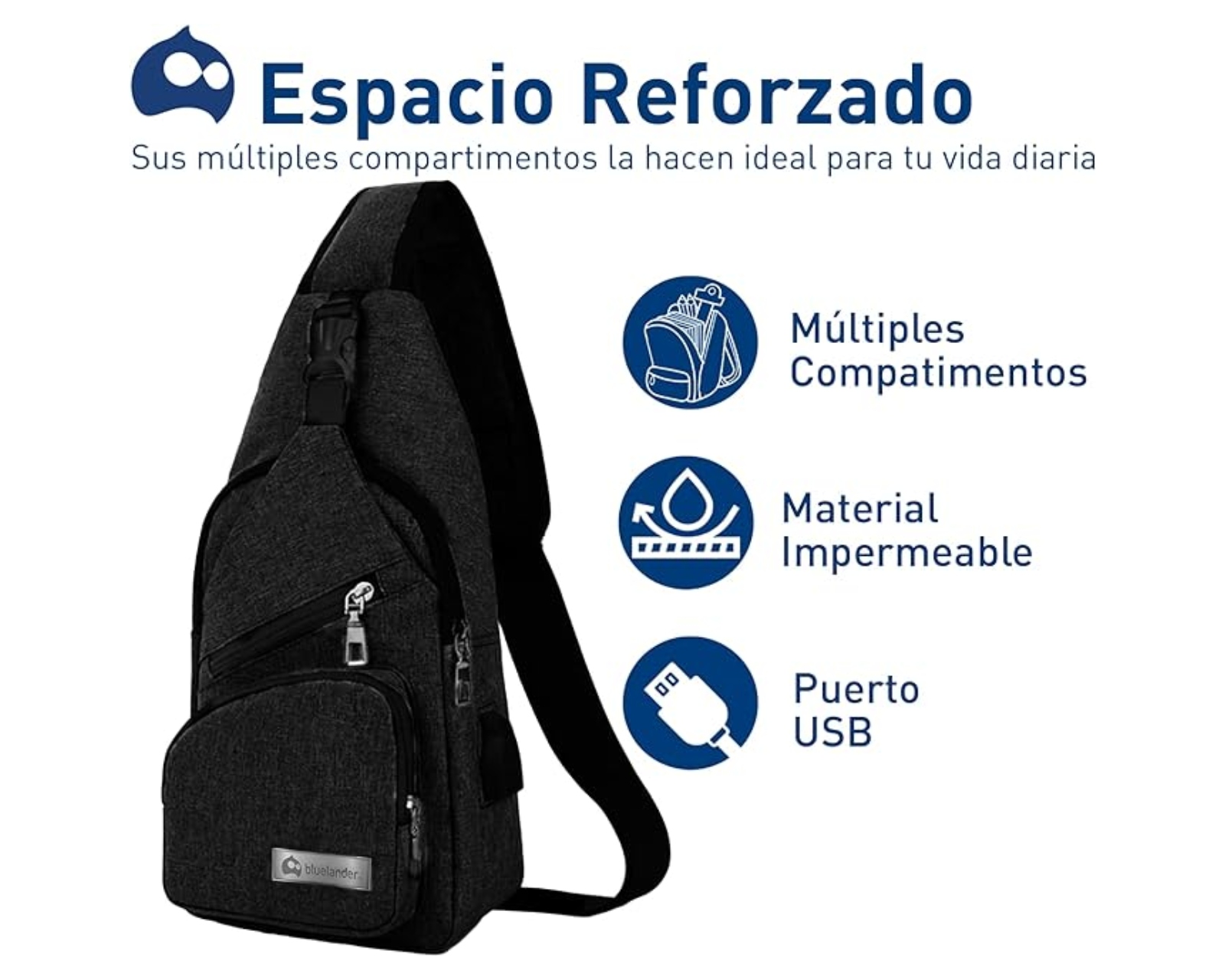 Foto 3 pulgar | Mochila Cruzada Antirrobo Impermeable, Bluelander, Negro, Bolso De Pecho Para Hombre, Bolso Bandolera Con Puerto De