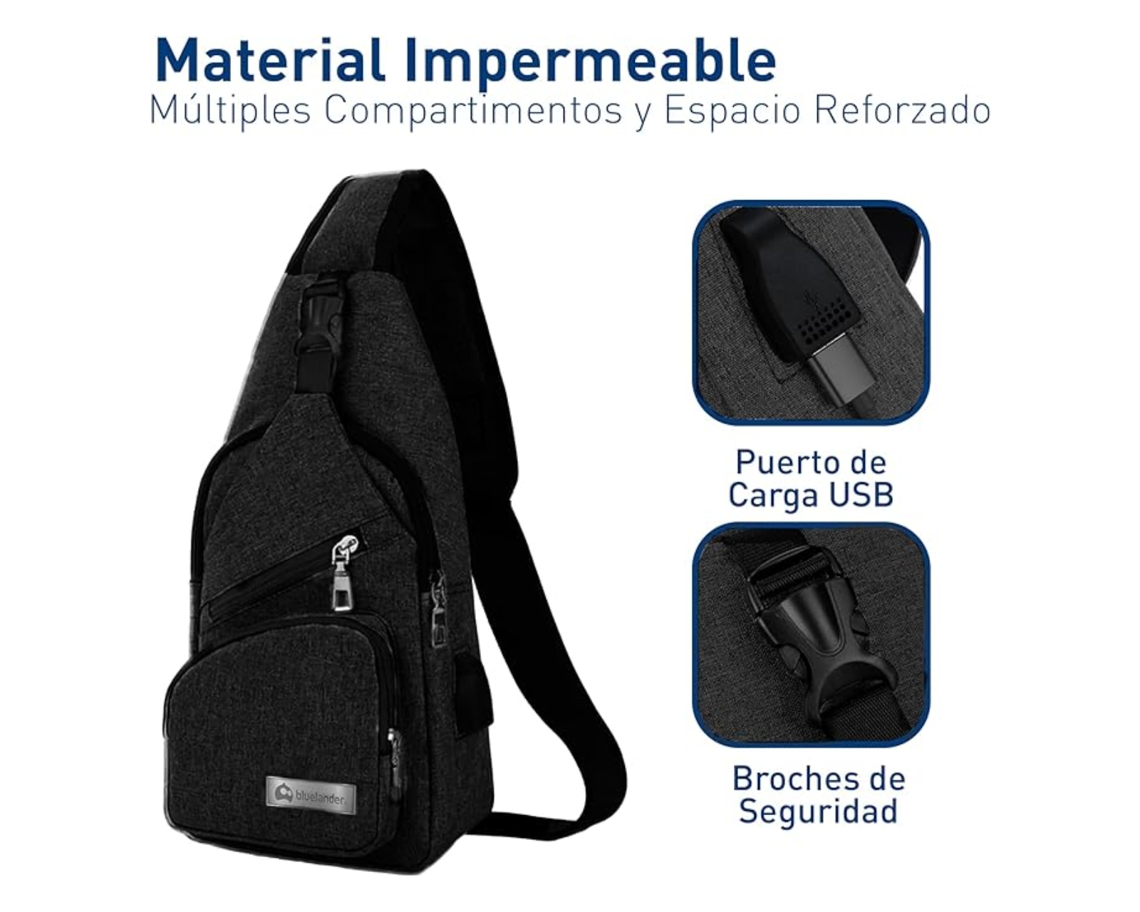 Foto 4 pulgar | Mochila Cruzada Antirrobo Impermeable, Bluelander, Negro, Bolso De Pecho Para Hombre, Bolso Bandolera Con Puerto De