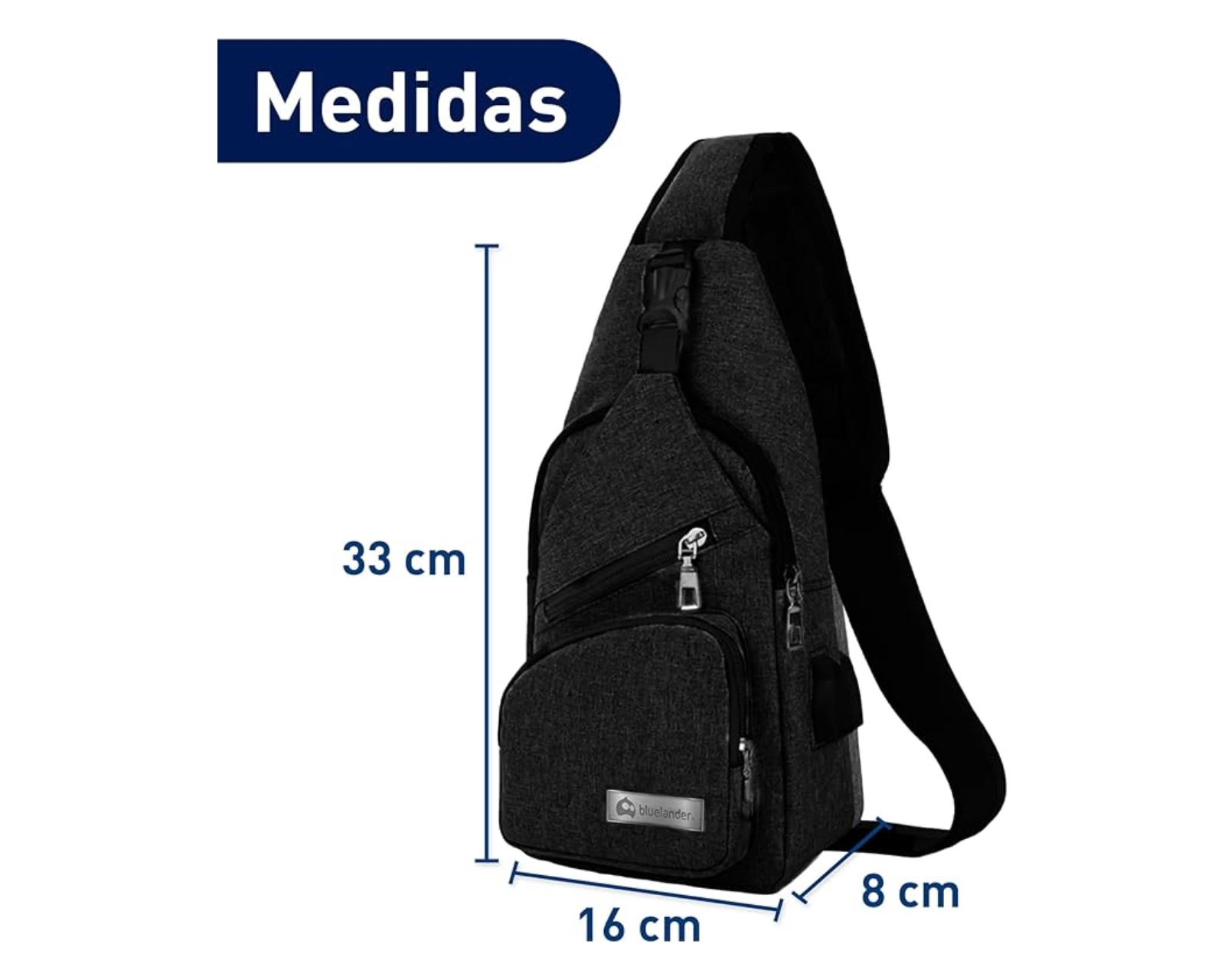 Foto 5 pulgar | Mochila Cruzada Antirrobo Impermeable, Bluelander, Negro, Bolso De Pecho Para Hombre, Bolso Bandolera Con Puerto De