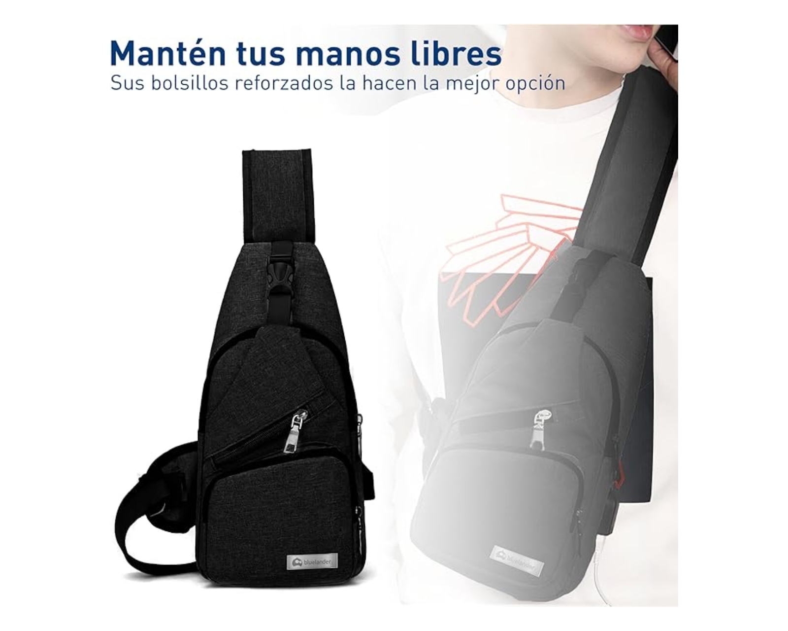 Foto 6 pulgar | Mochila Cruzada Antirrobo Impermeable, Bluelander, Negro, Bolso De Pecho Para Hombre, Bolso Bandolera Con Puerto De