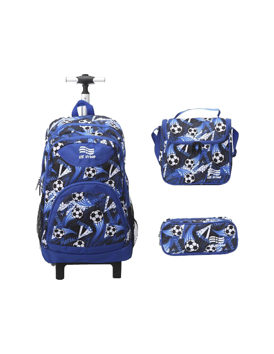 Set 3 Mochila Escolar Carrito Con Lonchera Y Lapicera Niño