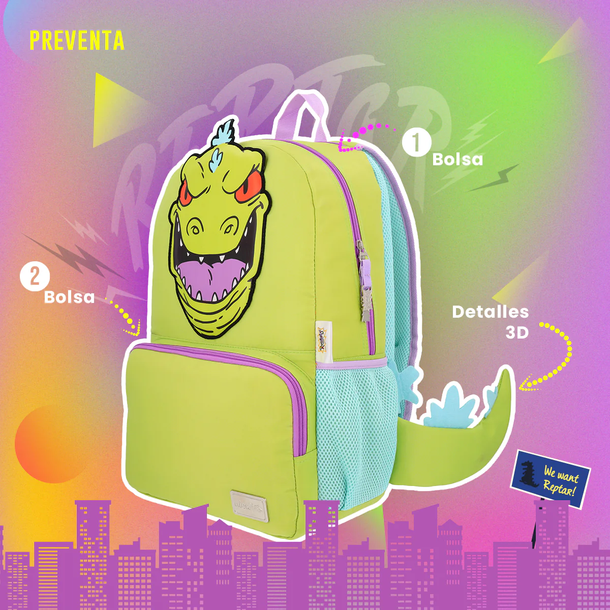 Foto 6 pulgar | Mochila Escolar Rugrats Reptar Verde Con Gorrito Backpack