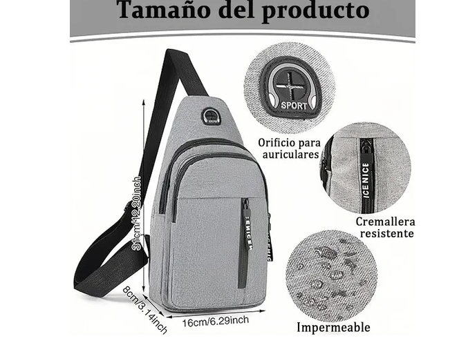 Foto 4 pulgar | Bolso Bandolera Unisex Moderno Con Orificio Para Cable.