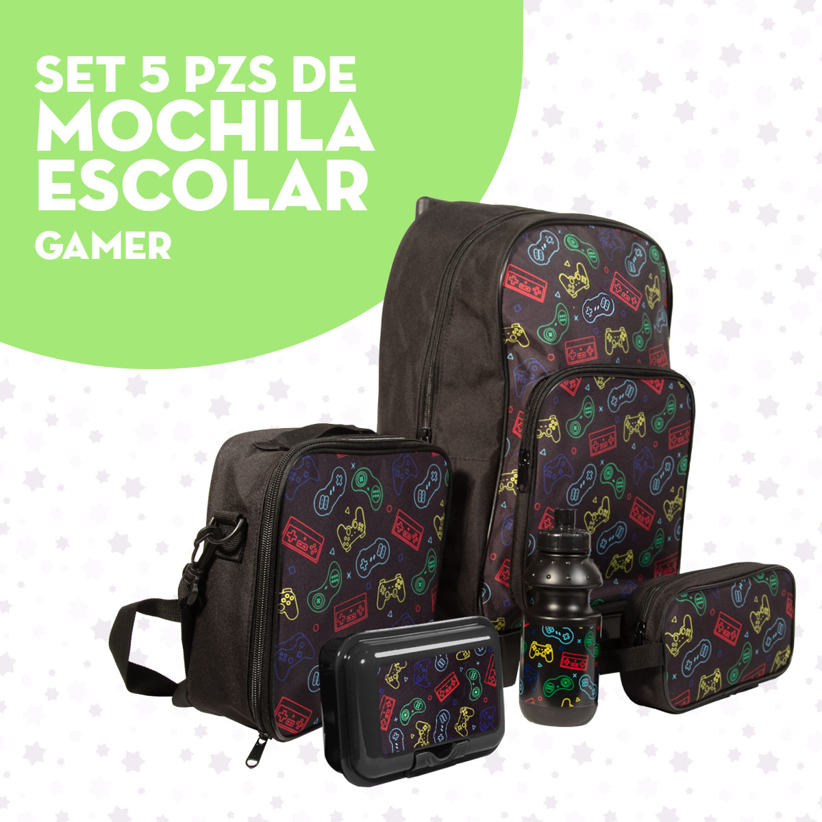 Foto 5 pulgar | Ochila Escolar Niño Mima2 Gamer + Lonchera Antiderrapante + Tóper + Botella + Lapicera