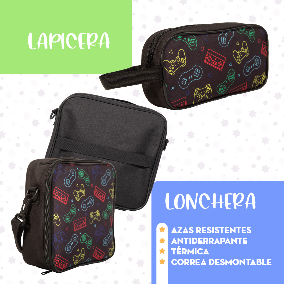 Foto 7 | Ochila Escolar Niño Mima2 Gamer + Lonchera Antiderrapante + Tóper + Botella + Lapicera