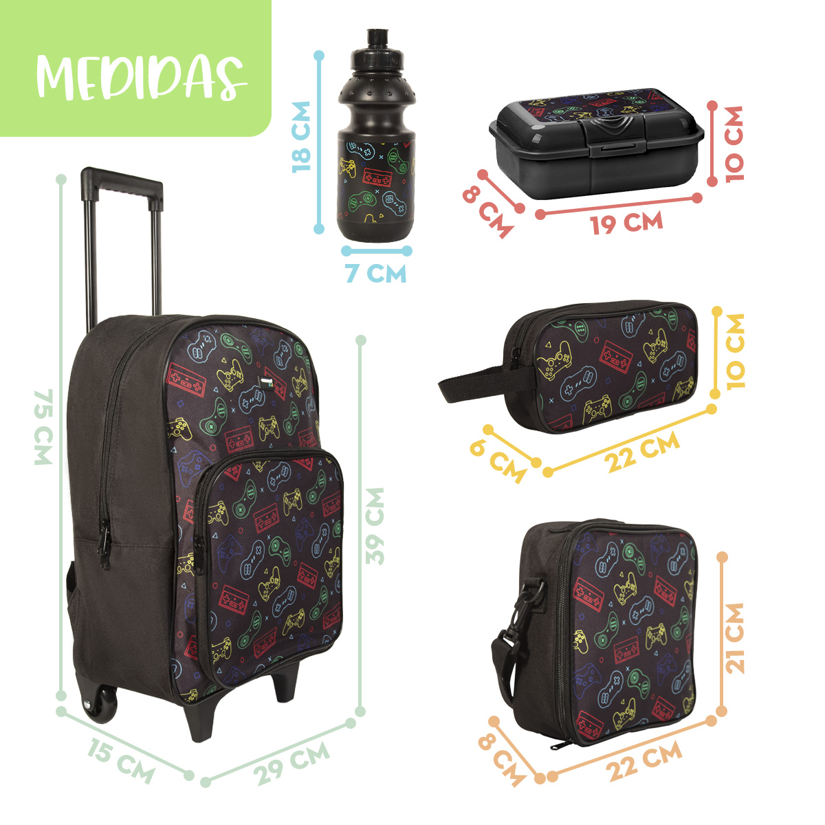 Foto 8 | Ochila Escolar Niño Mima2 Gamer + Lonchera Antiderrapante + Tóper + Botella + Lapicera