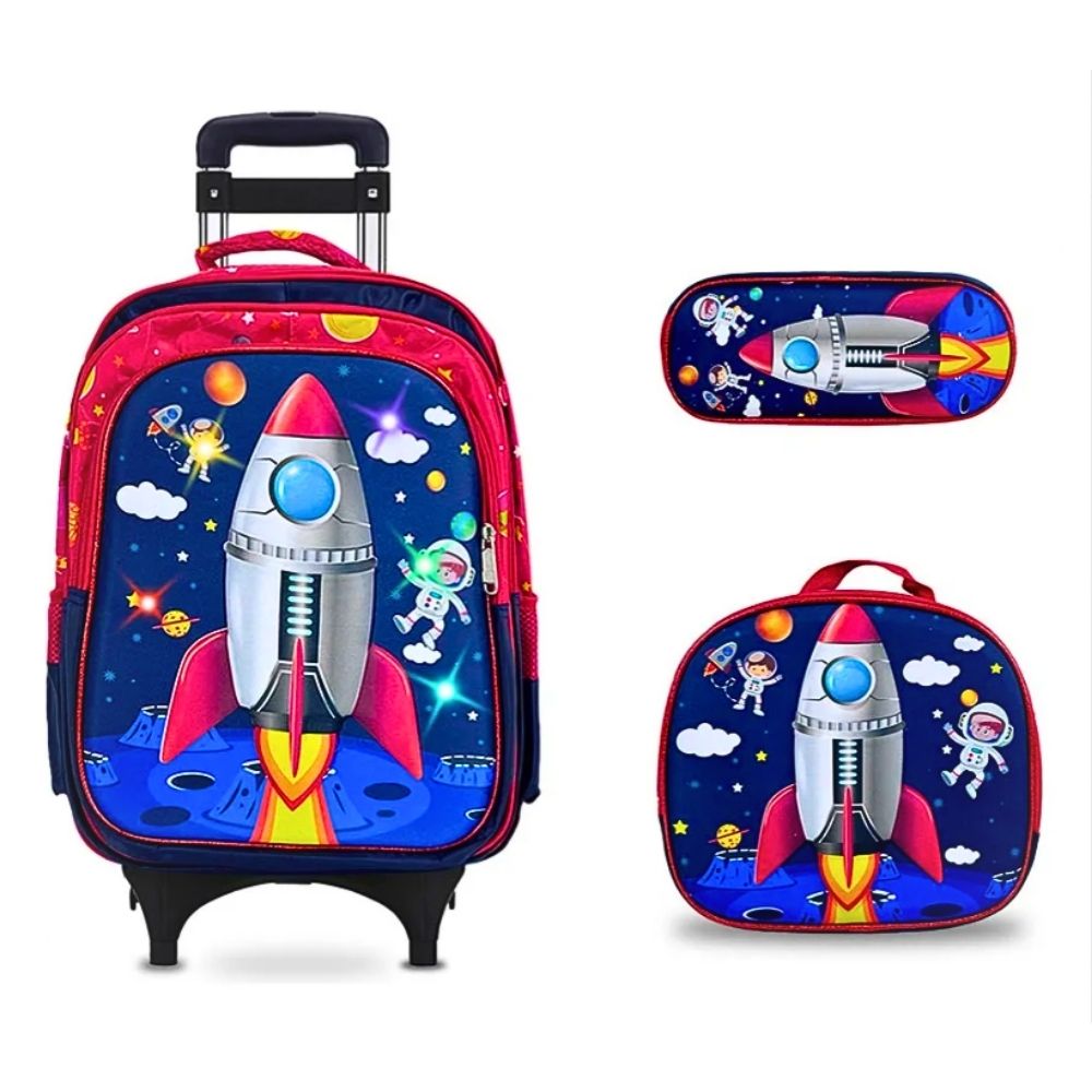 Set 3 Mochila Lonchera Lapicera Escolar Diseño Cohete