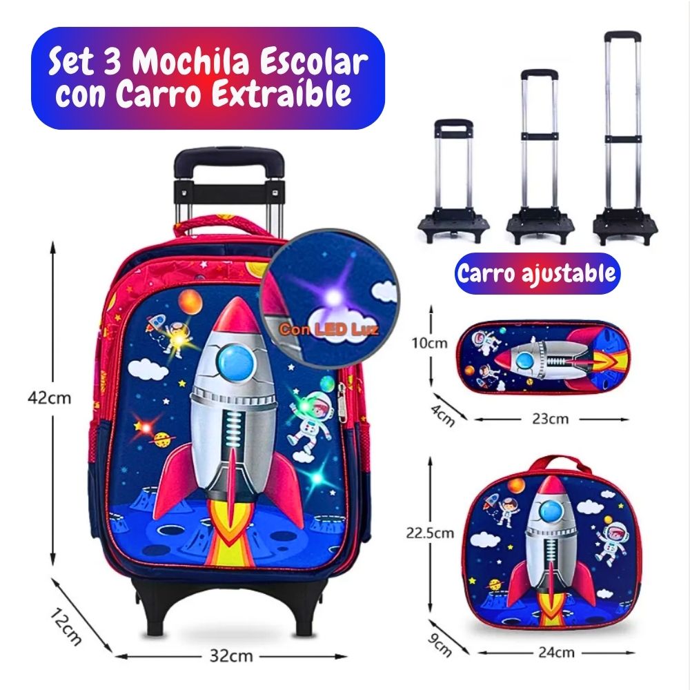 Foto 3 pulgar | Set 3 Mochila Lonchera Lapicera Escolar Diseño Cohete