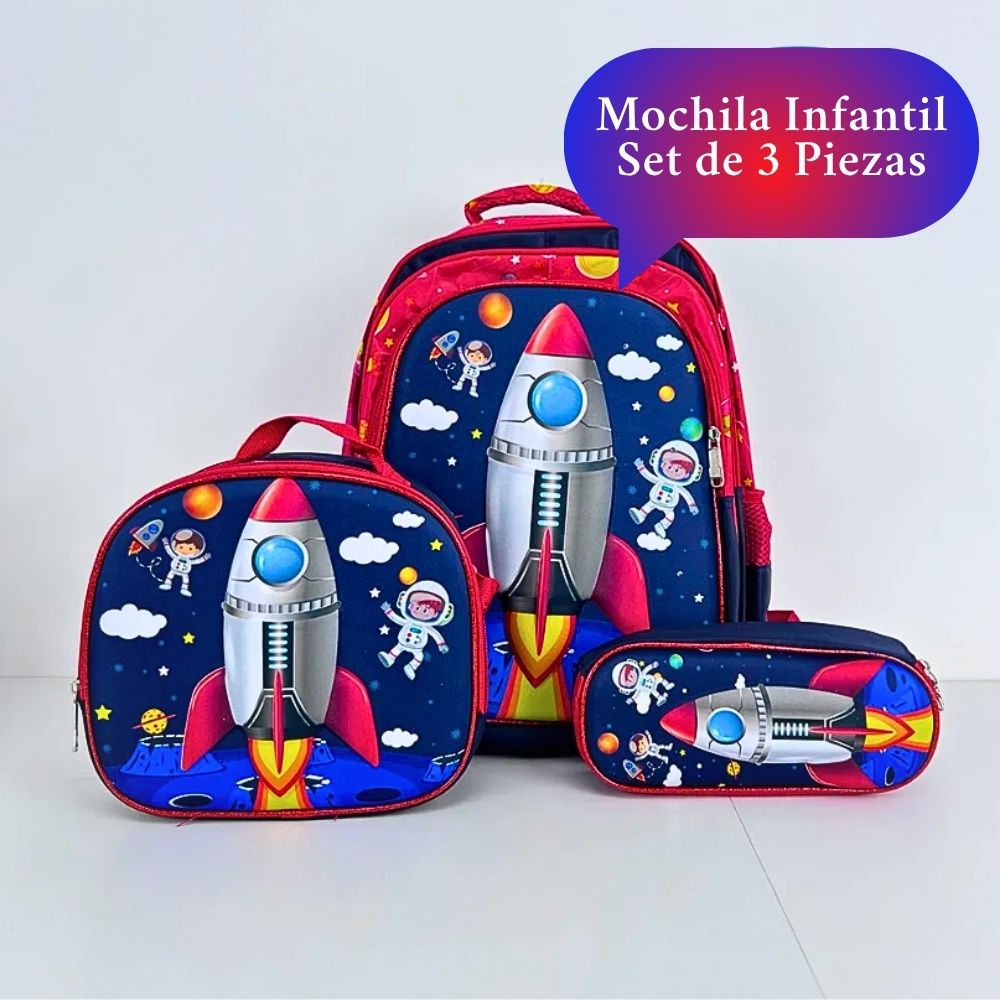 Foto 7 pulgar | Set 3 Mochila Lonchera Lapicera Escolar Diseño Cohete