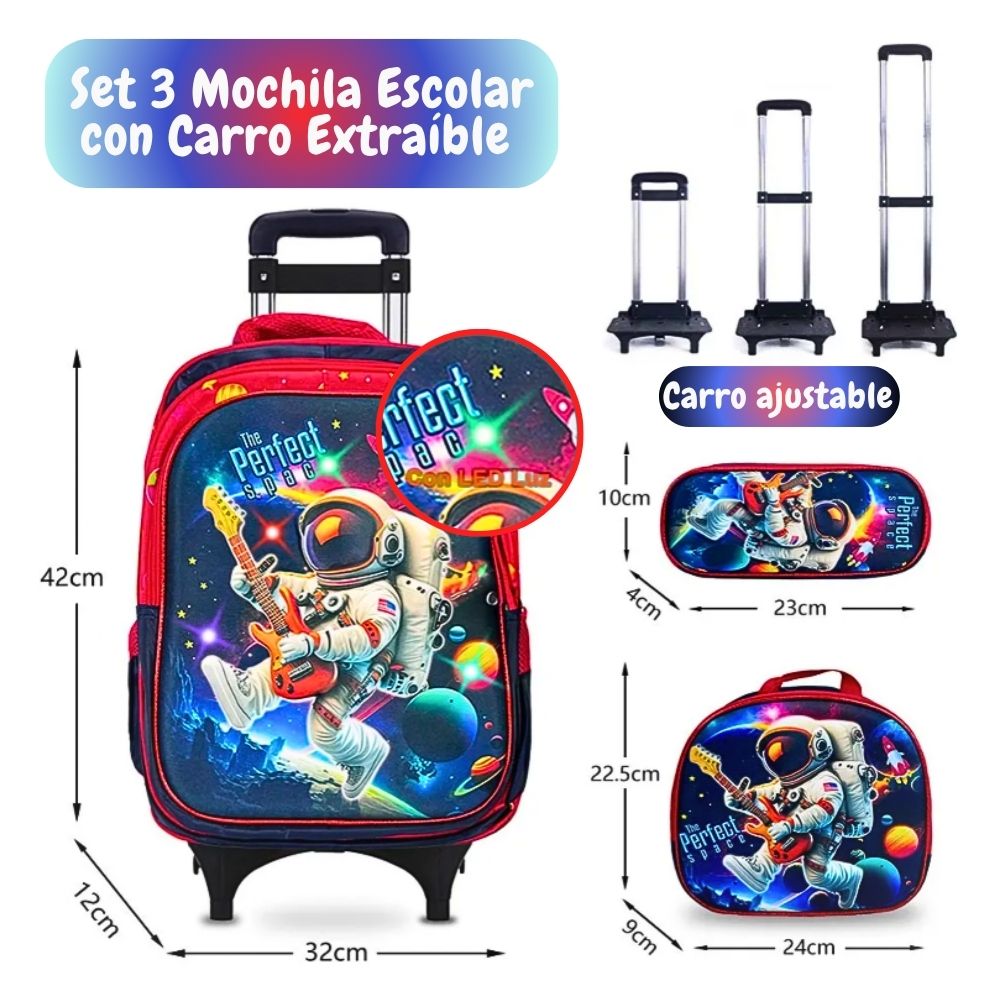 Foto 3 pulgar | Set De 3 - Mochila Con Ruedas Y Luz, Lonchera Y Lapicera