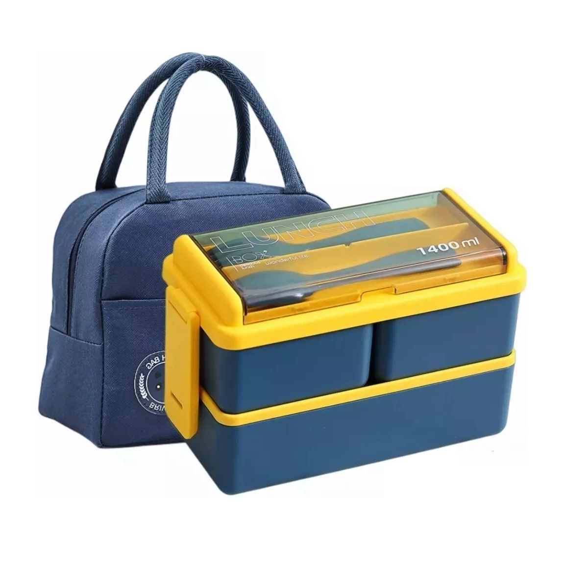 Lunch Box 2 Niveles Loncheras 1400ml Con Bolsas+ Taza Eo Safe Imports  Esi-11420 Azul Obscuro