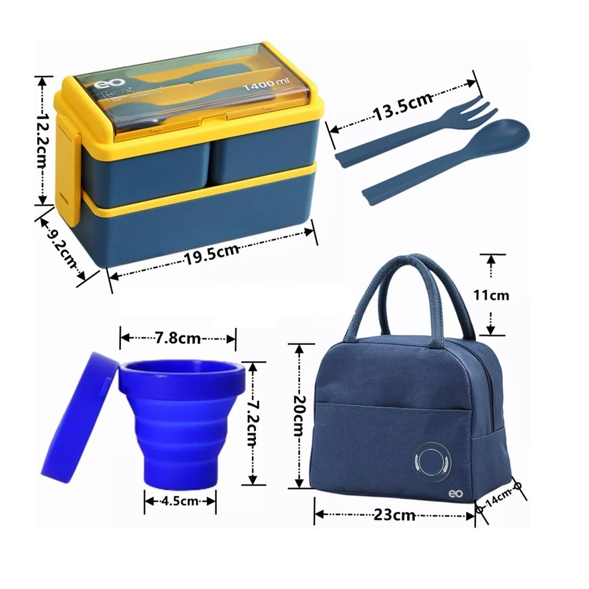 Foto 3 pulgar | Lunch Box 2 Niveles Loncheras 1400ml Con Bolsas+ Taza Eo Safe Imports Esi-11420-1 Azul Obscuro