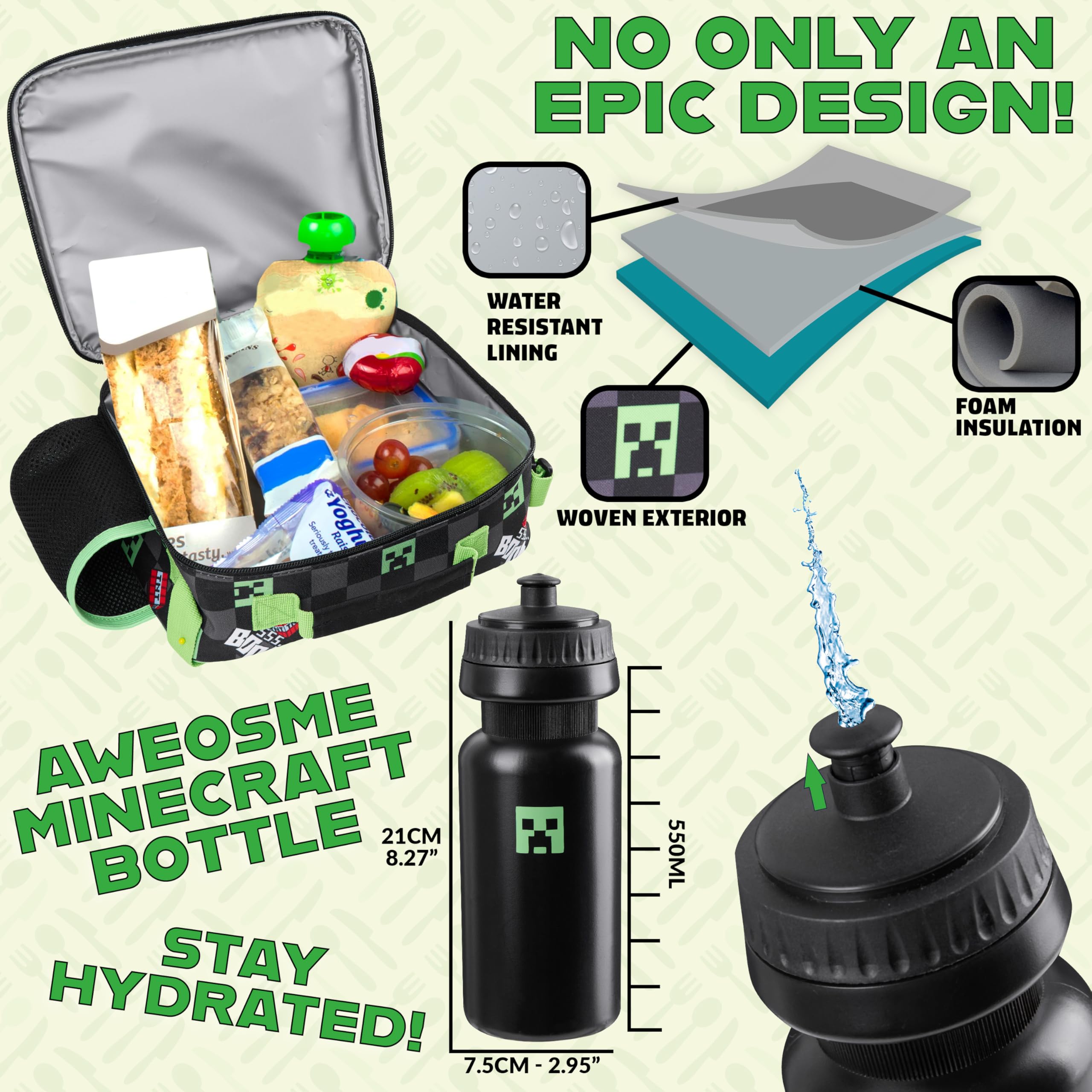Foto 5 pulgar | Bolsa De Almuerzo Con Aislamiento Minecraft Para Niños Con Compartimentos Para Aperitivos - Venta Internacional.