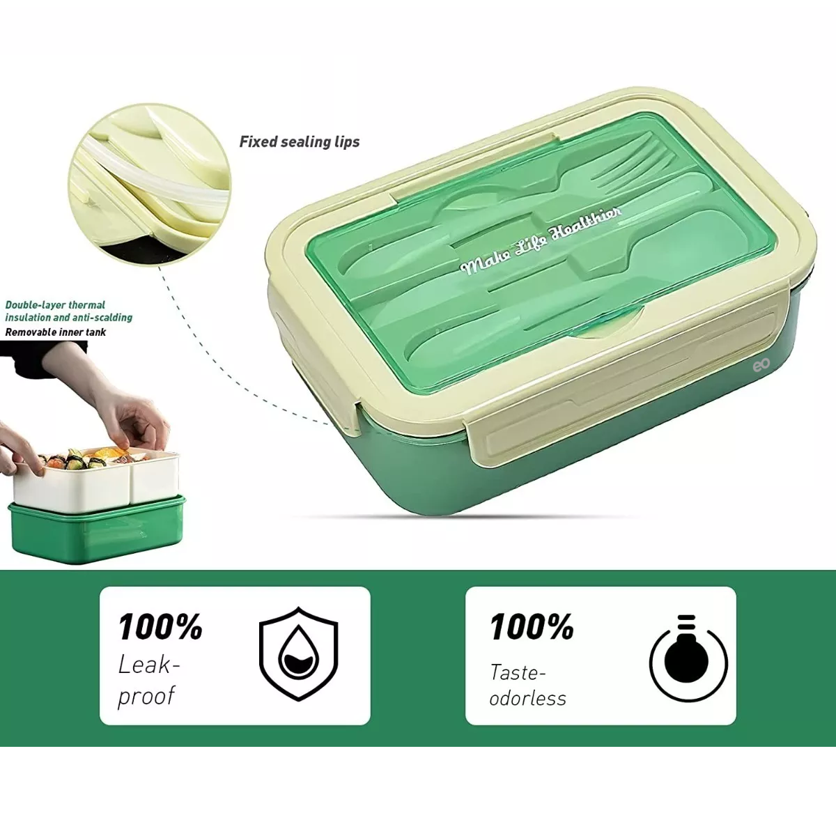 Foto 2 | Lonchera con Topper y Cubiertos 1100 Ml Eo Safe Imports Esi-13233-1 Verde