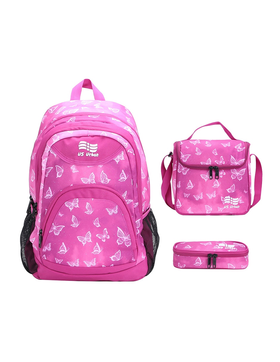 Set Mochila Escolar con Lonchera y Lapicera US Urban Mariposa color Rosa $890
