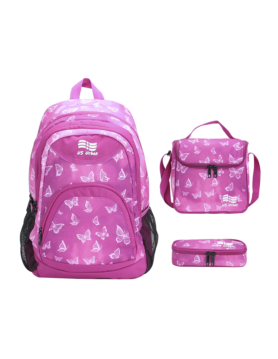 Set Mochila Escolar con Lonchera y Lapicera US Urban Mariposa color Rosa