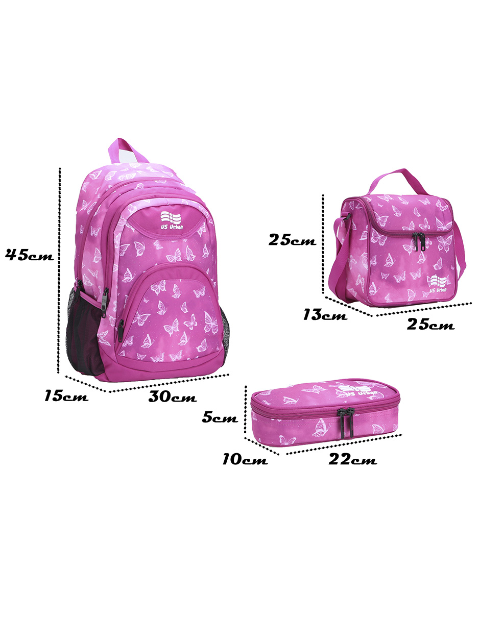 Foto 4 pulgar | Set Mochila Escolar con Lonchera y Lapicera US Urban Mariposa color Rosa