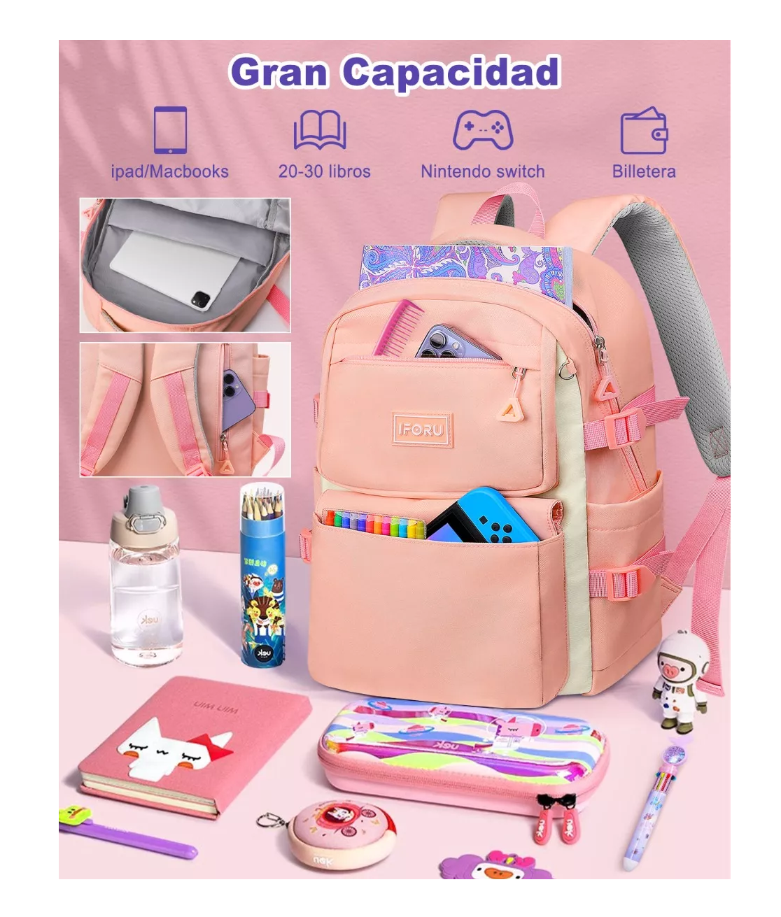 Foto 6 pulgar | Mochila Escolar Iforu 30l Rosa