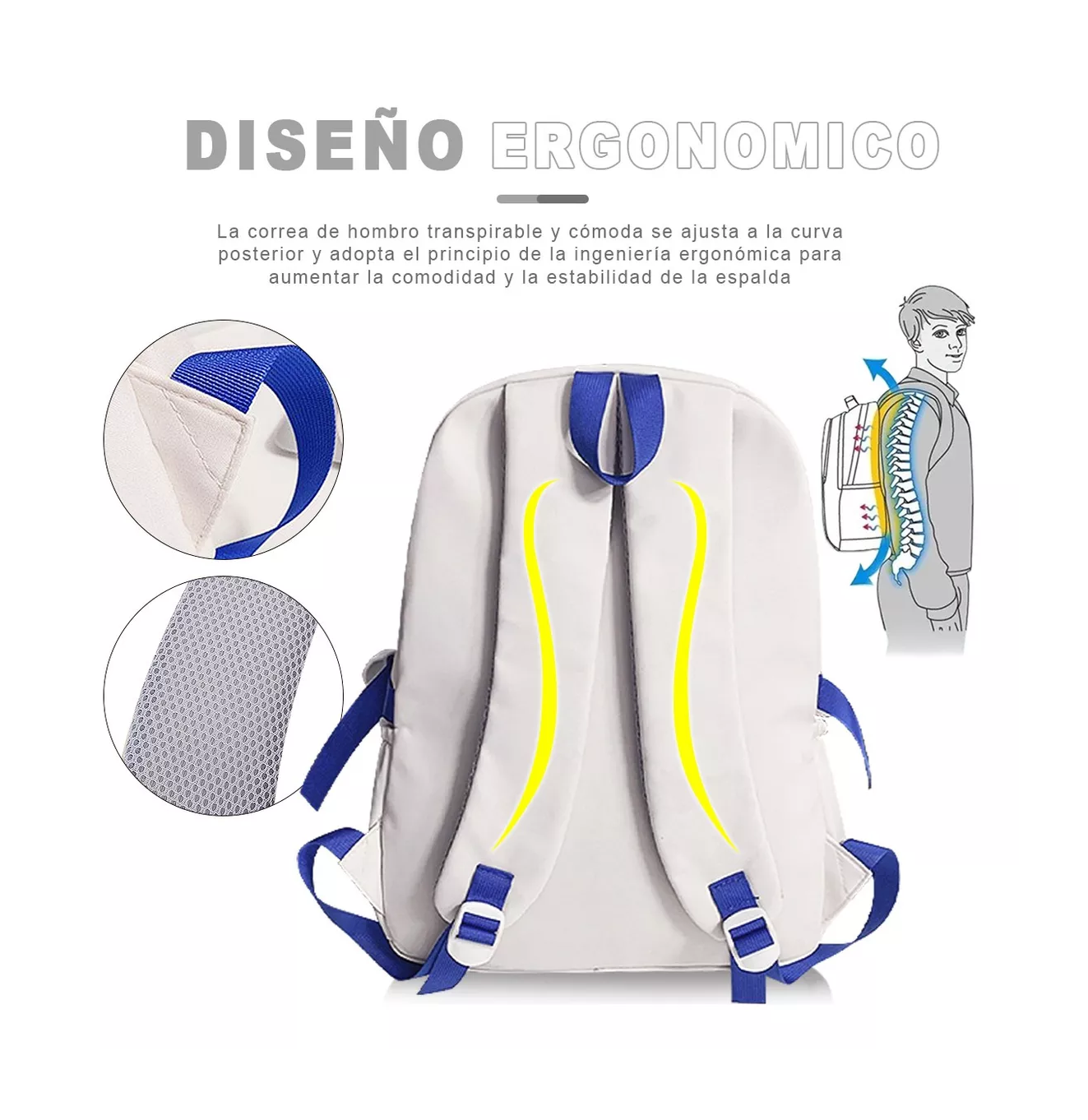 Foto 6 pulgar | Mochila Escolar De Gran Capacidad Bolsa Blanco/azul
