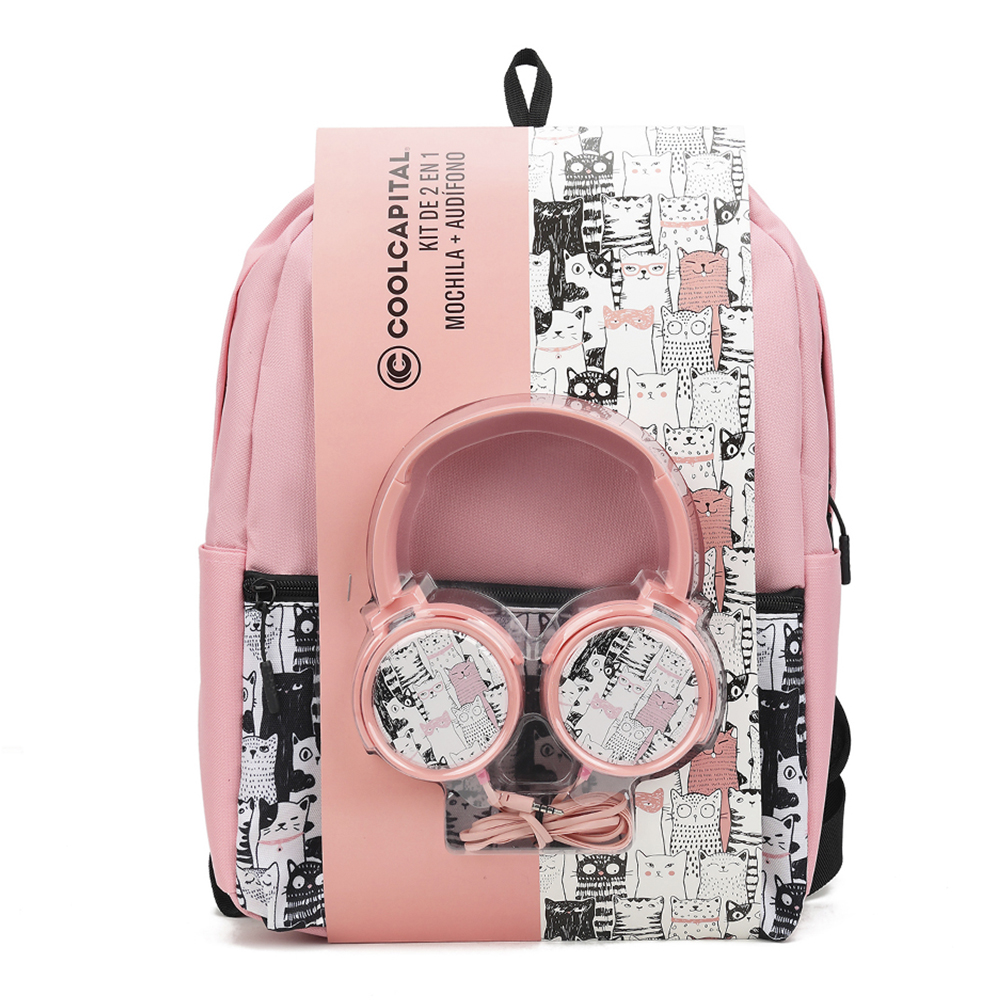 Mochila Coolcapital Combo para Laptop + Audífonos Alámbricos On Ear Pink Cat  15.6