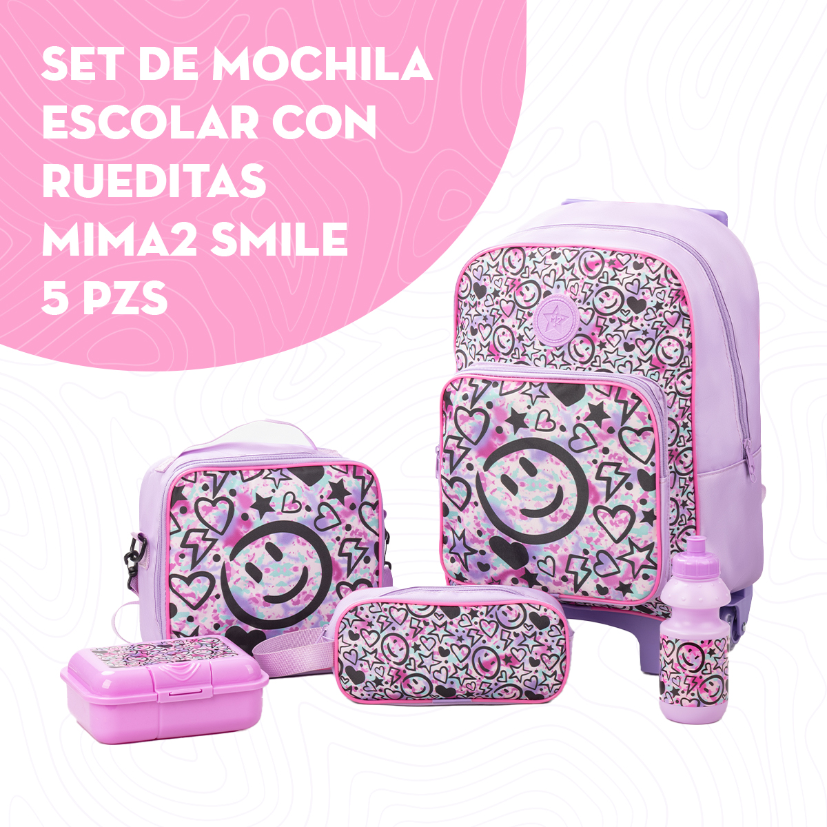 Foto 3 pulgar | Set De Mochila Escolar Con Rueditas Mima2 Smile 5 Piezas