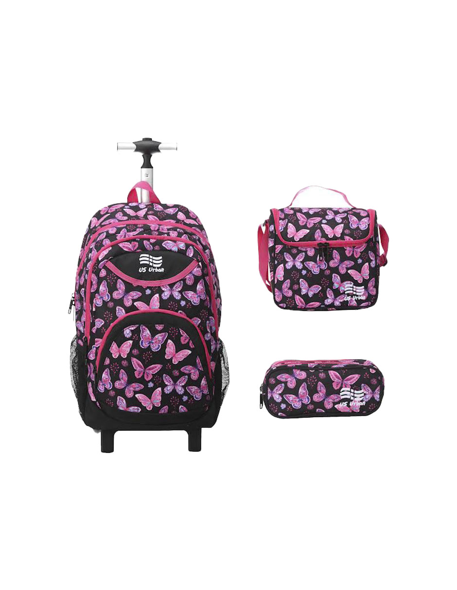 Set 3 Mochila Escolar Carrito Con Lonchera Y Lapicera Niña