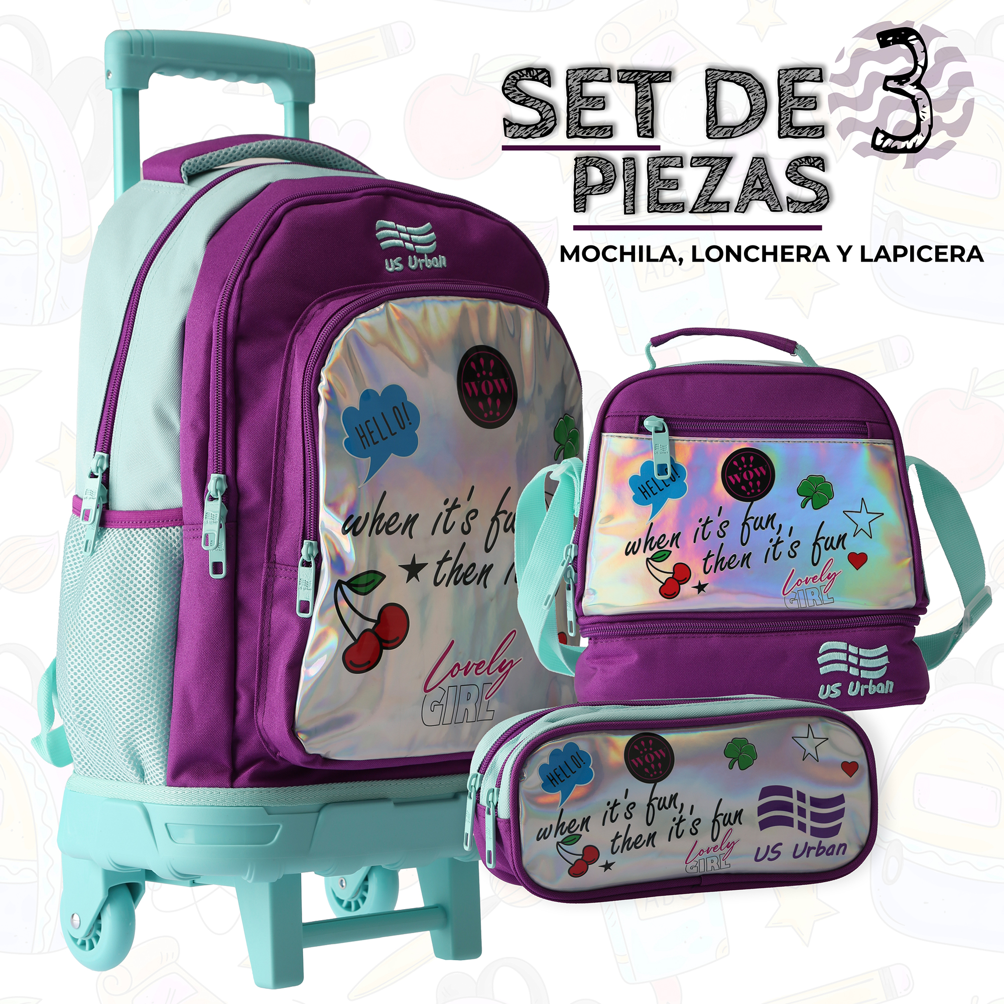 Foto 3 | Set Mochila Escolar Carrito Con Lonchera Y Lapicera 3 Piezas