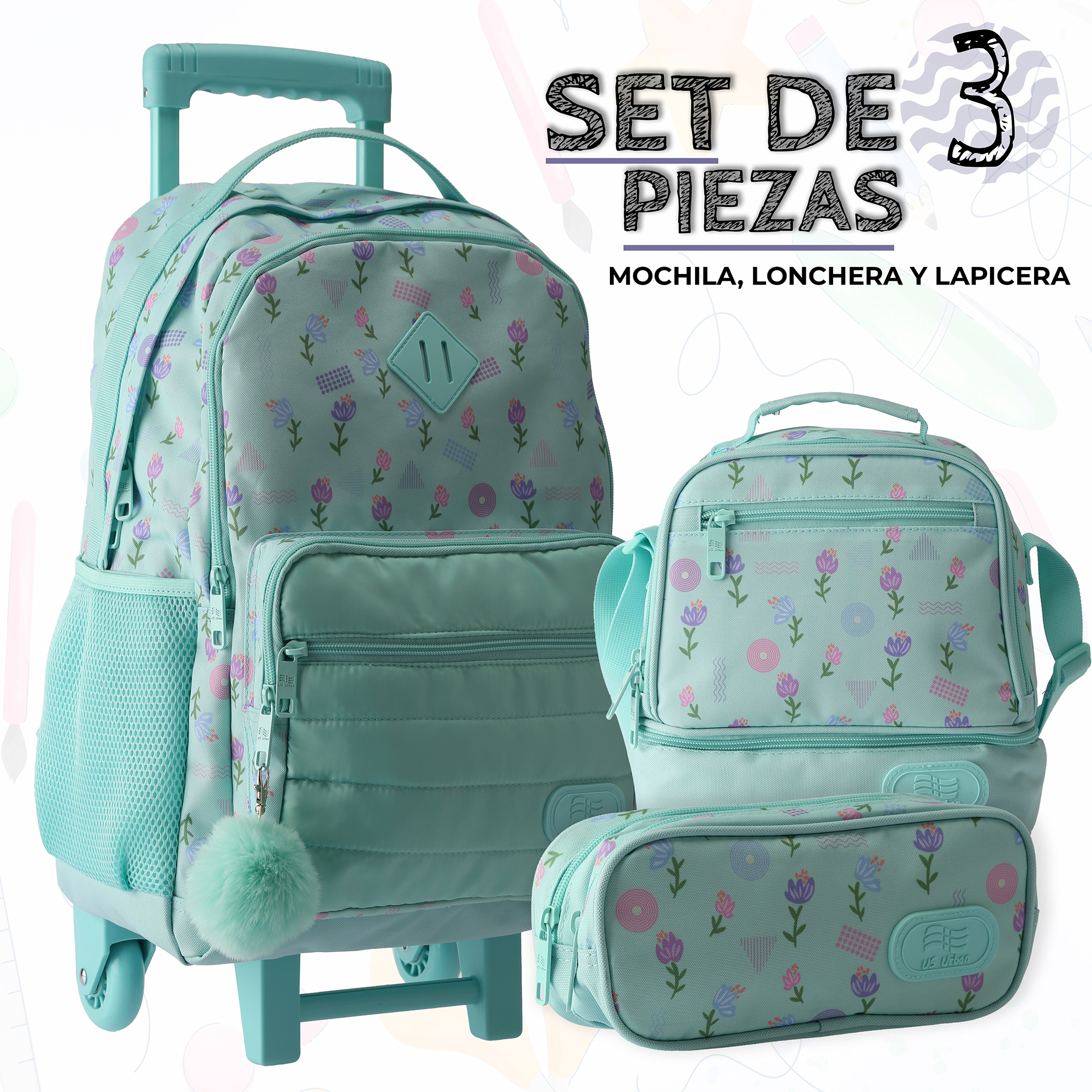 Foto 3 | Set Mochila Escolar Carrito Con Lonchera Y Lapicera 3 Piezas