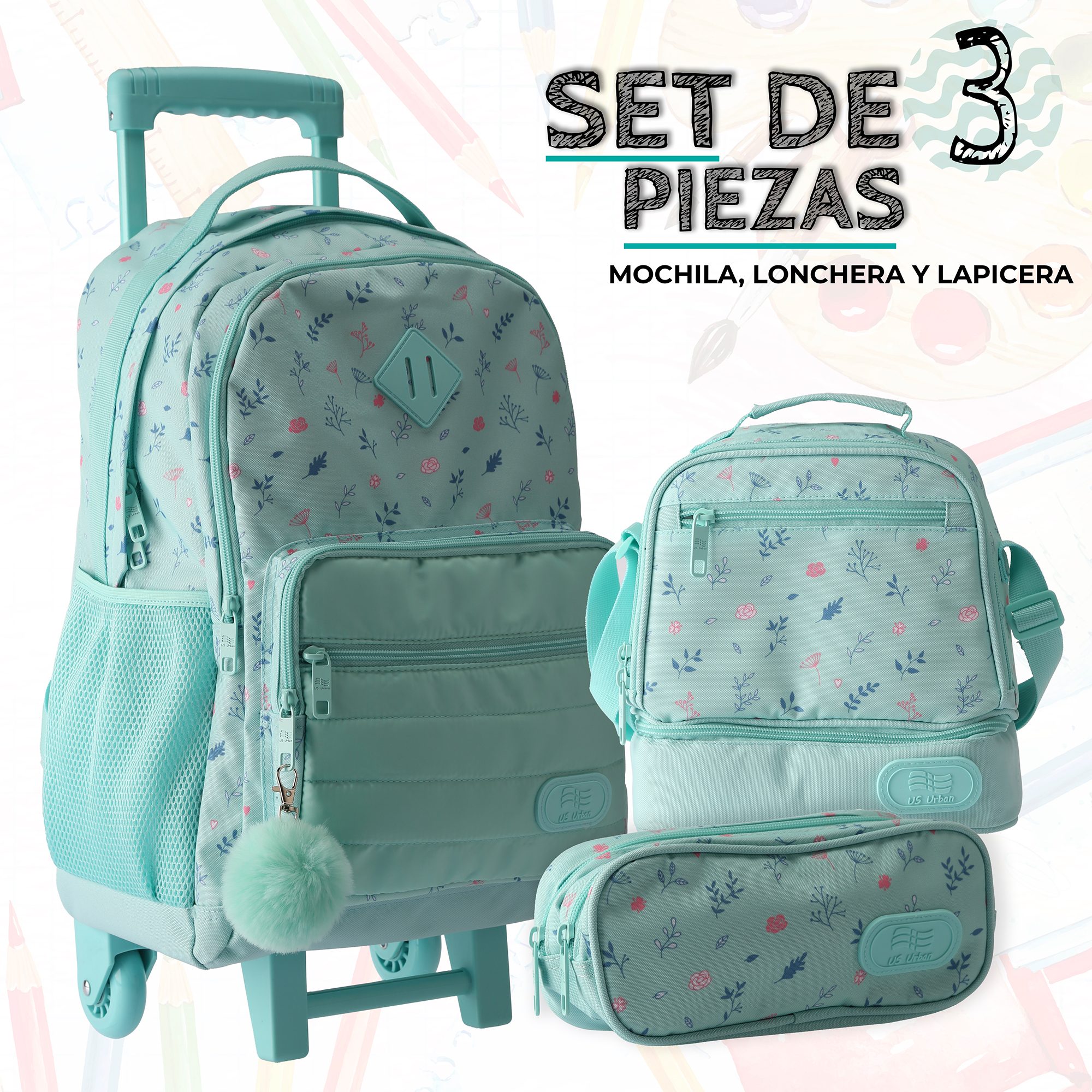 Foto 3 | Set Mochila Escolar Carrito Con Lonchera Y Lapicera 3 Piezas