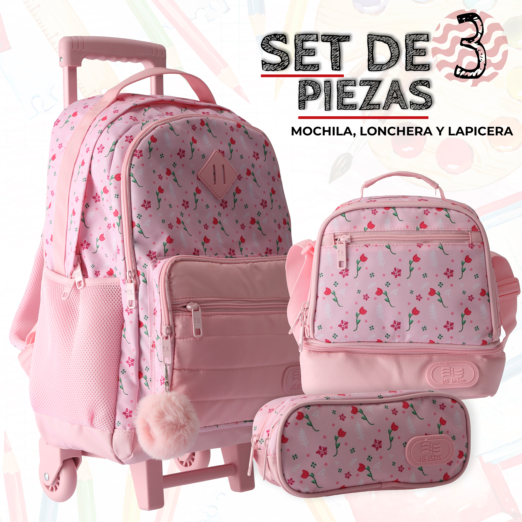 Foto 4 pulgar | Set Mochila Escolar Carrito Con Lonchera Y Lapicera 3 Piezas