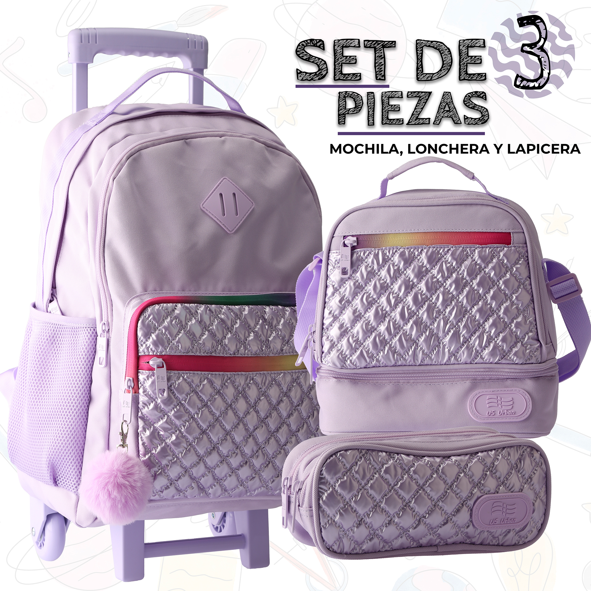 Foto 3 | Set Mochila Escolar Carrito Con Lonchera Y Lapicera 3 Piezas