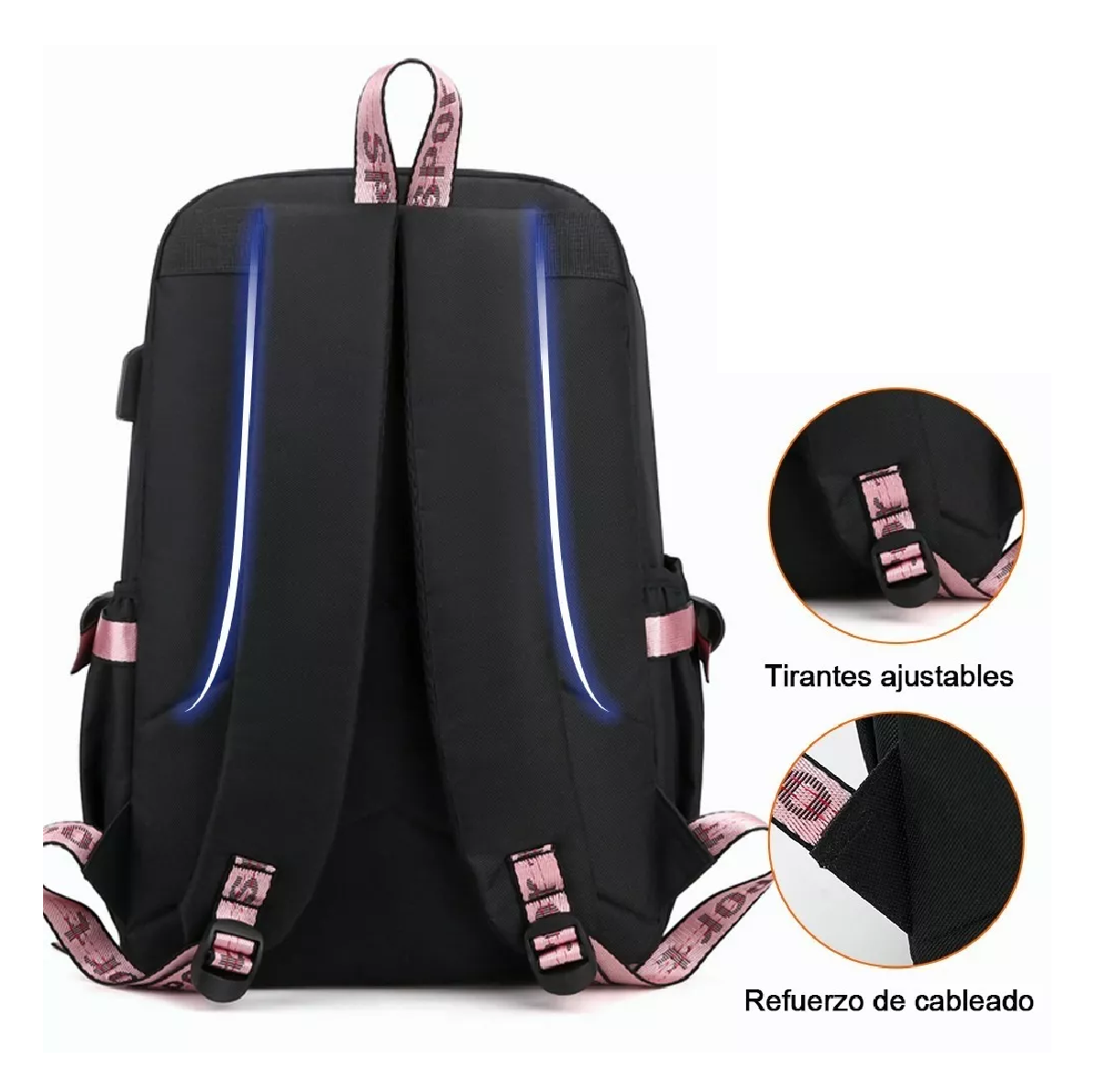 Foto 3 pulgar | Mochila Estilo Coreano Juvenil Moda Con Puerto Usb Rosa Negro