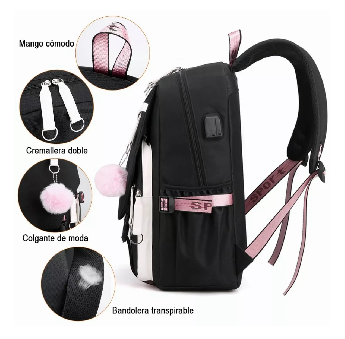 Foto 3 | Mochila Estilo Coreano Juvenil Moda Con Puerto Usb Rosa Negro